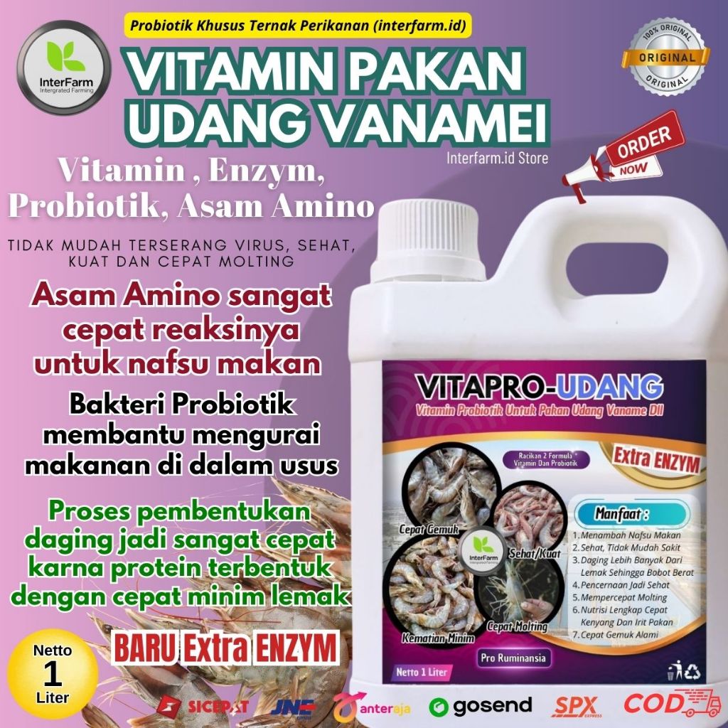 VITAPRO UDANG, VITAMIN Untuk Udang agar cepat besar, Probiotik pemacu Penggemuk Udang Vanamei 1 L