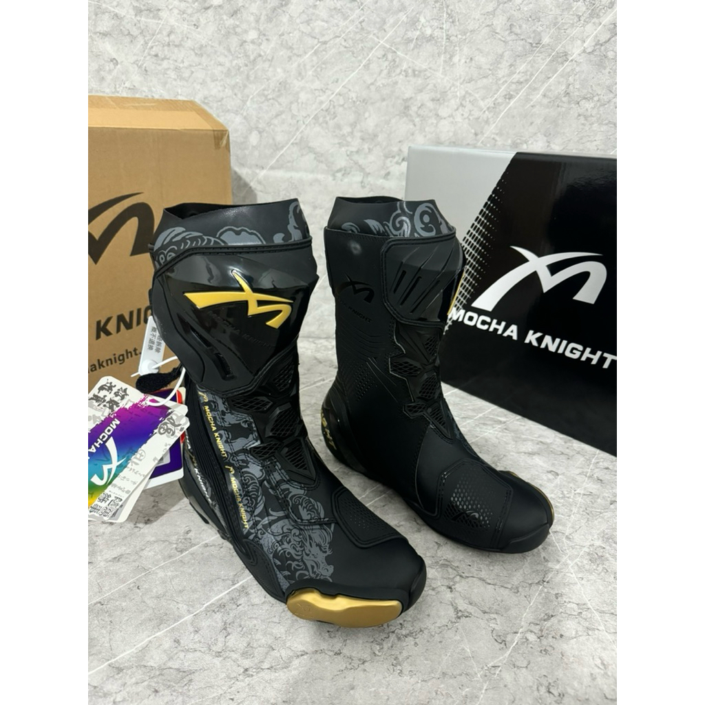 MOCHA KNIGHT SHOES RIDER SEPATU BALAP SEPATU RIDING BLACK GOLD HITAM EMAS NAGA 40 41 NEW