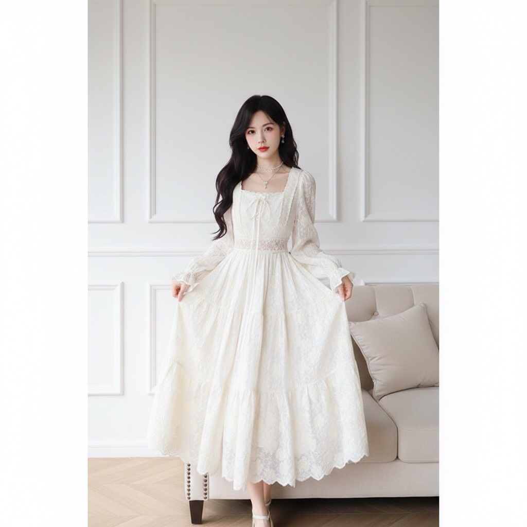 long dress putih tulang brokat full bordir panjang impor ori