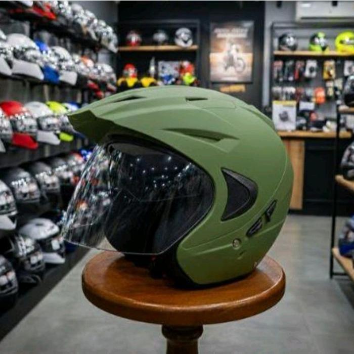 Ink Helm Jp8 Double Visor Halface Helmet Sni Motorcycle packing Buble warp + Box - Hijau Army