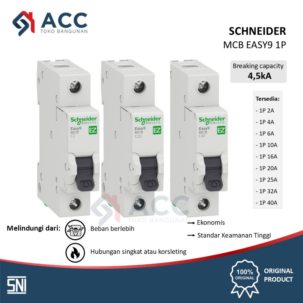 SCHNEIDER MCB EASY9 1P PHASE 2A 4A 6A 10A 16A 20A 25A 32A 40A AMPERE 4,5ka