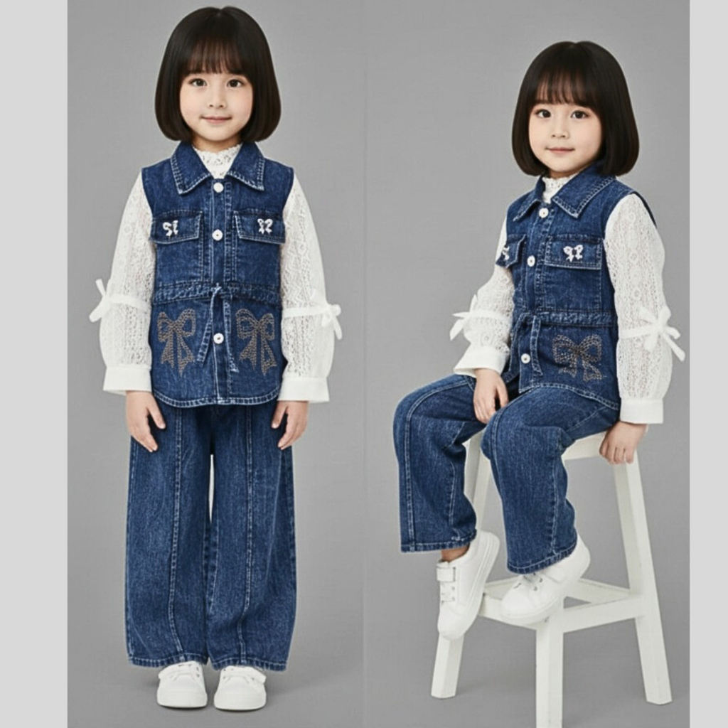 Stelan jeans anak perempuan lengan panjang set anak Korean style mix renda usia 3-12 tahun celana ku