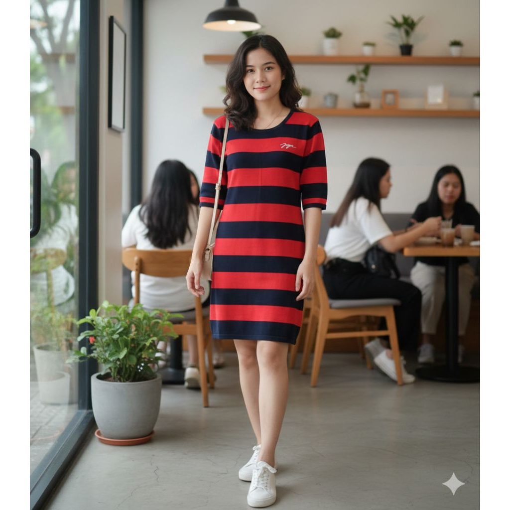 Midi Dress Joger Bali Garis Merah Hitam Preloved