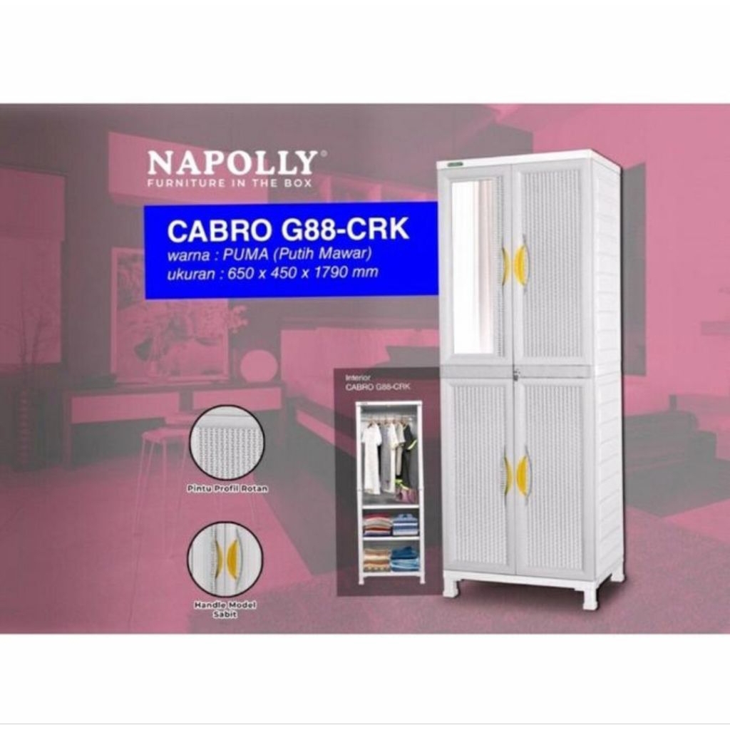 Lemari Baju Plastik 2 Pintu Kaca Hanger Napolly Napoly Napoli Cabro G88 CRK