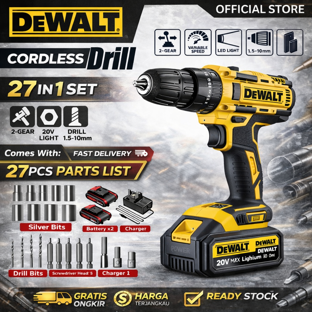 Dewalt Cordless Hand Drill / Bor Tembok Baterai (2 Set Baterai) - Bor Listrik Set Lengkap