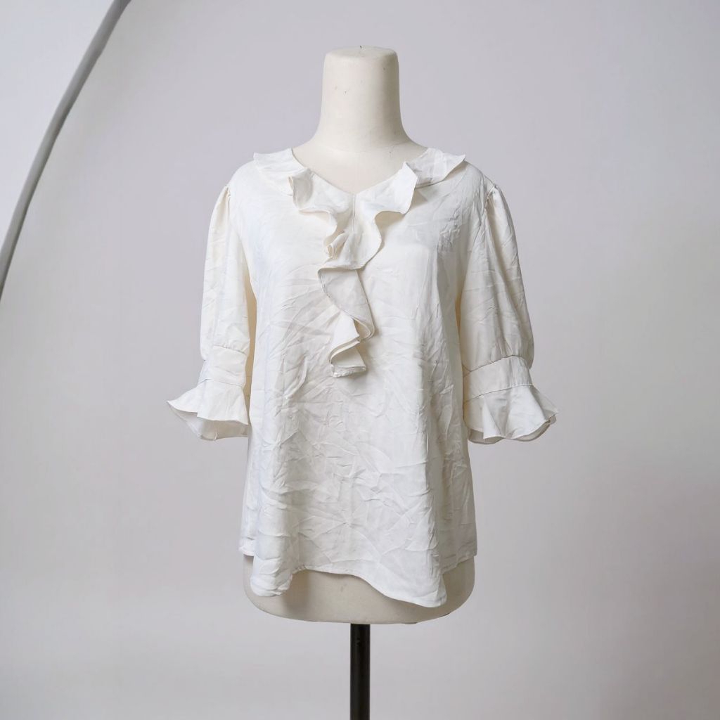 Blouse Putih Ruffle V-Neck Size 3XL - Atasan Wanita Premium