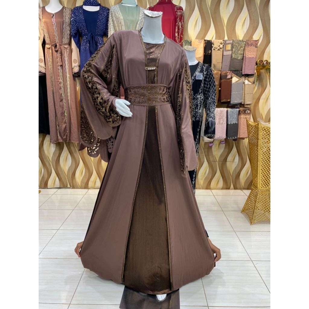 Abaya Mesir Mewah Bahan Hareer Motif Bordir Tempel Swaroski
