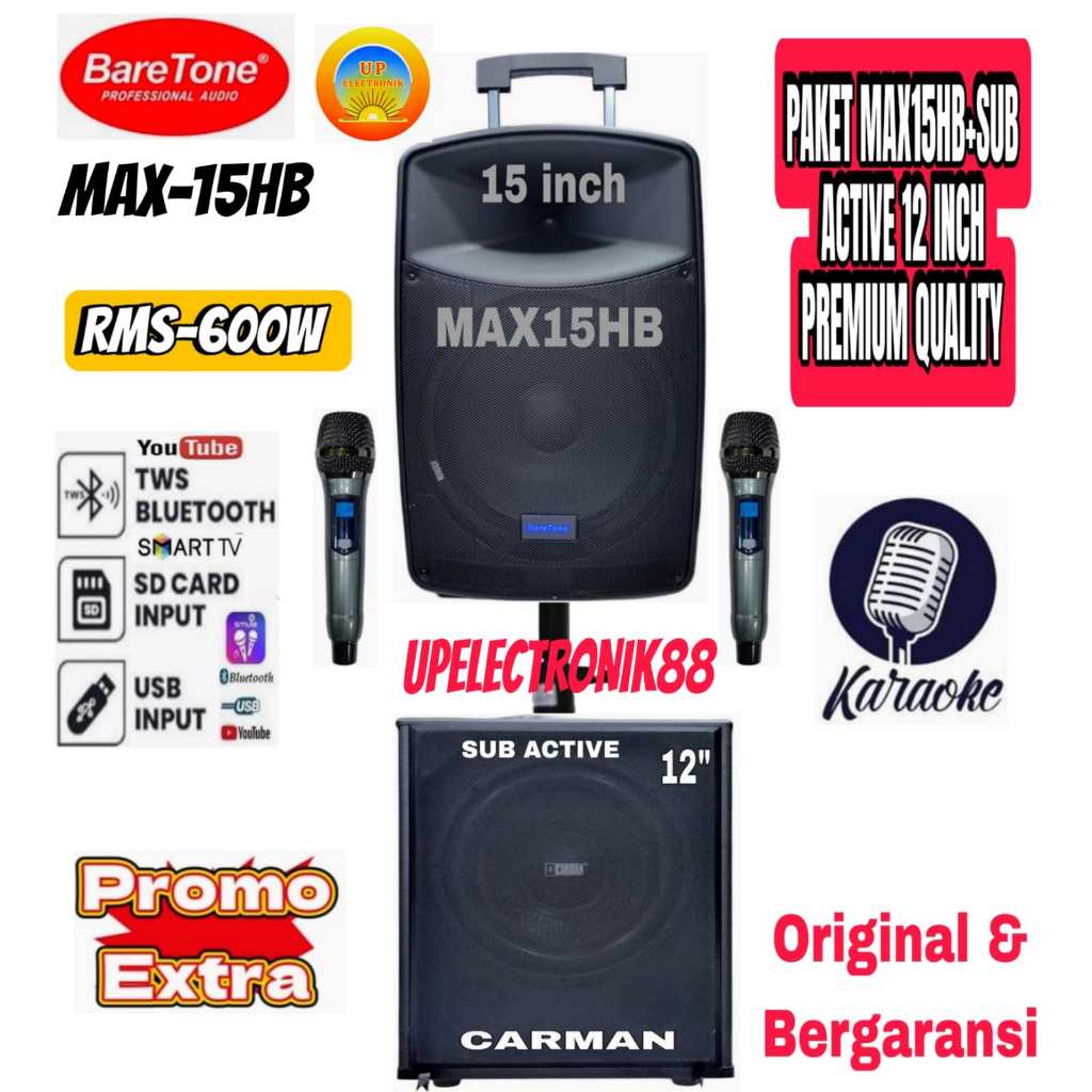 Paket Sound System Speaker Portable Baretone MAX15HB + Subwoofer 12 Inch Original Kualitas Premium