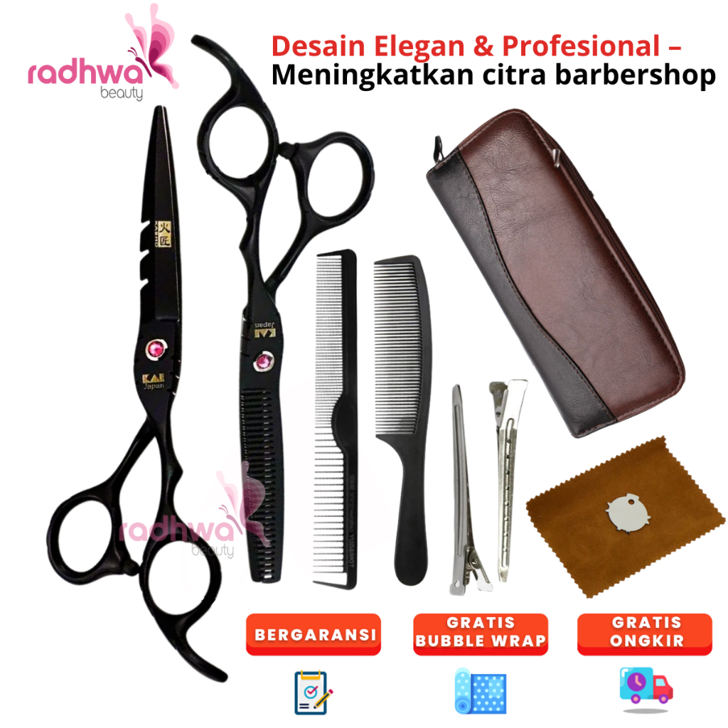 Paket Gunting Cukur Rambut Flat & Sasak Stainless Steel Kasho Black 6 Inch Pangkas Salon Barbershop 