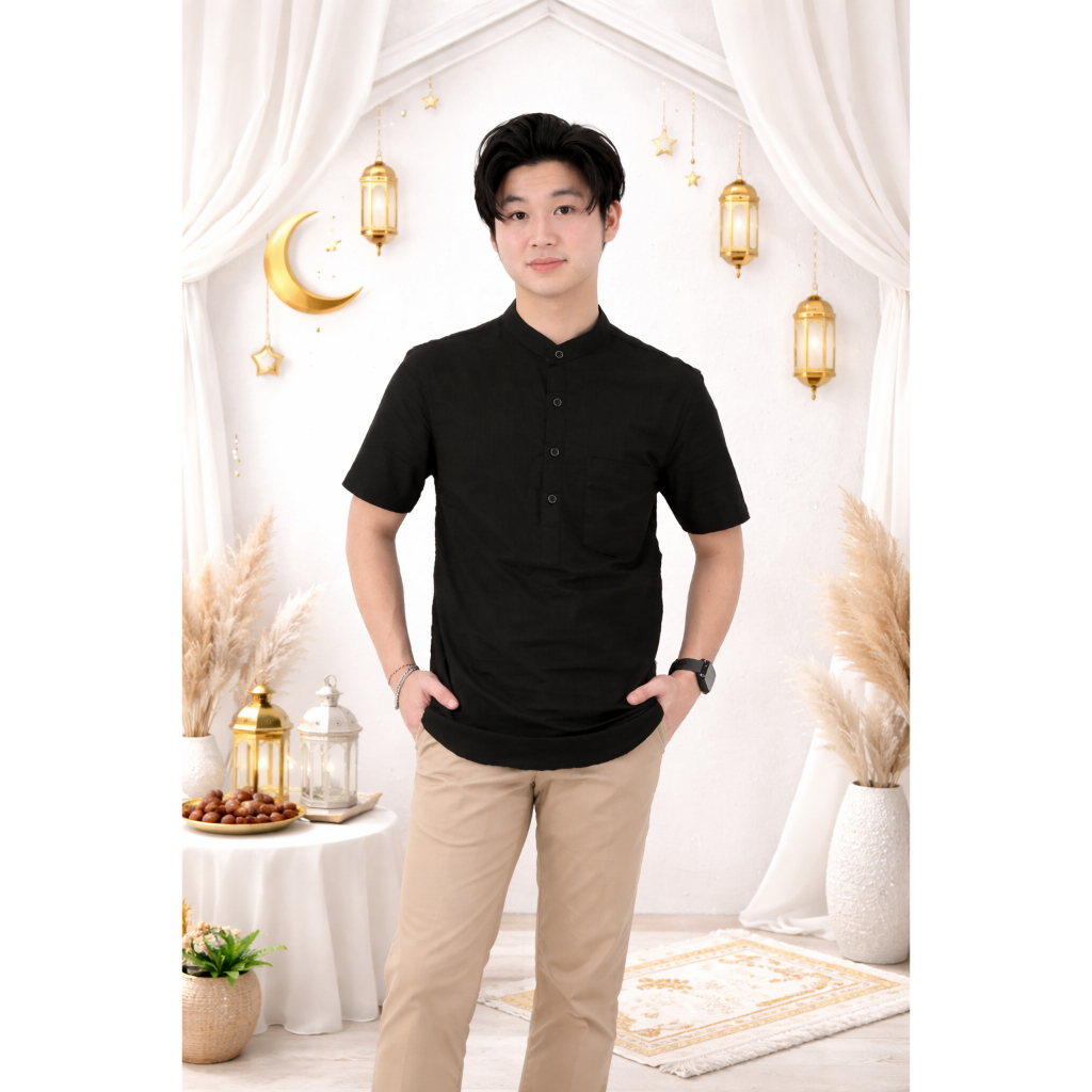Baju Koko Pria Hitam Lengan Pendek Koko Muslim Modern Ramadhan