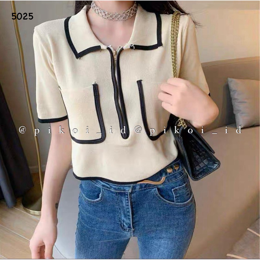 Baju knit wanita berkerah resleting depan / Atasan semo crop top knit 2 pocket depan 5025