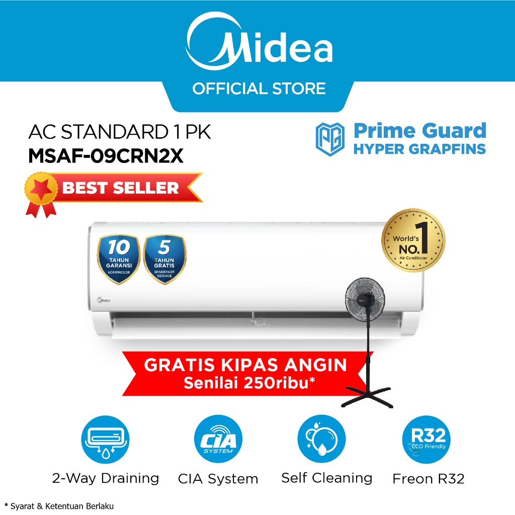 Midea AC Standard 1 PK R32 Series MSAF-09CRN2X Prime Guard Hyper Graphins Cepat Dingin (Unit Indoor 