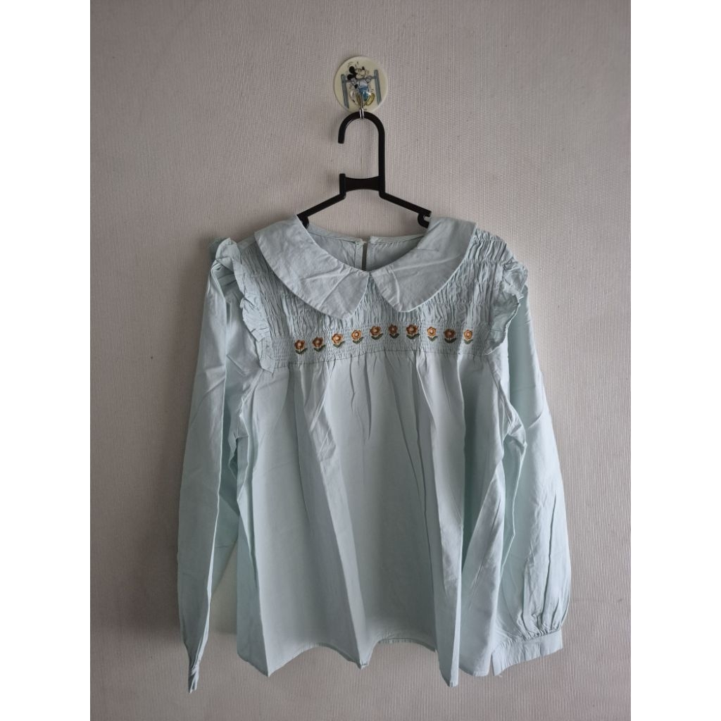 Blus Wanita Hijau Mint Kerah Peter Pan Bordir (Blouse Vintage)