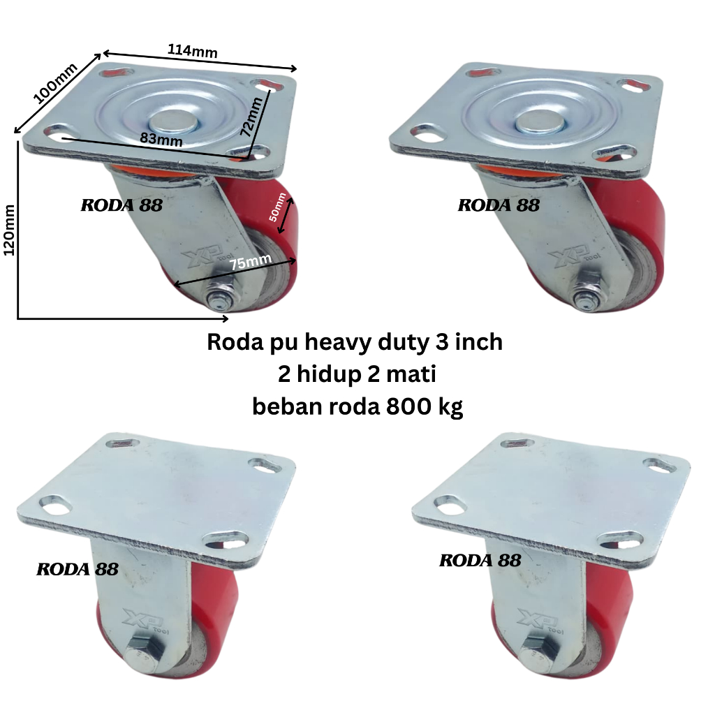 Roda pu Merah Heavy Duty 3 inch (2 Hidup & 2 Mati) Beban roda 800 kg