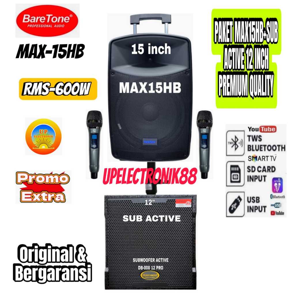 Paket Premium Outdoor Indoor Speaker Portable Baretone MAX15HB+ Subwoofer 12 Inch Original