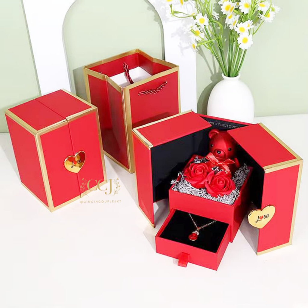LOVE TEDDY PROMISE BOX - HIDDEN JEWELRY / BOX CINCIN NIKAH LAMARAN TEMPAT KOTAK BUNGA MAWAR DIPUTAR 