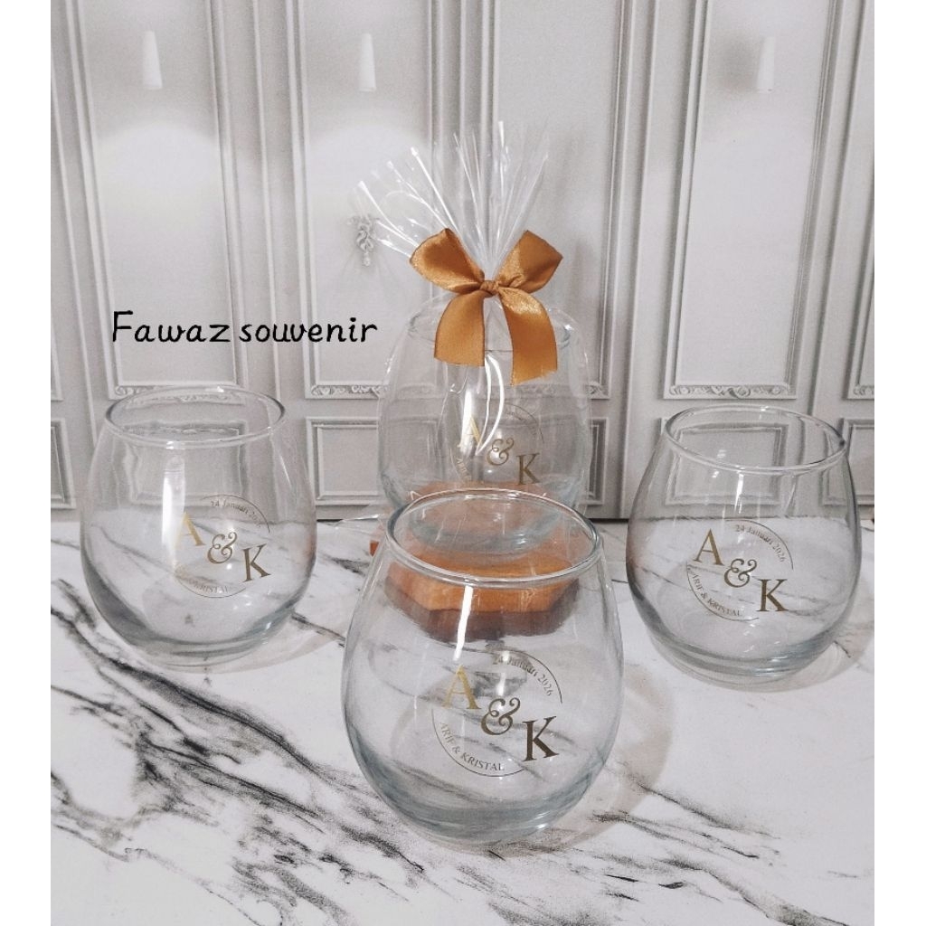 Souvenir pernikahan gelas kaca tuscany / gelas telor / gelas egg, gelas kaca sablon custom