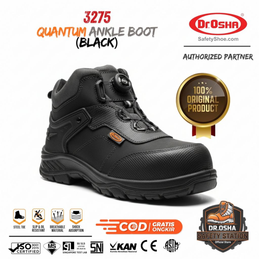 Sepatu Safety Pria SNI Anti Slip Proyek Tambang Quick Lace Dr OSHA 3275 Hitam