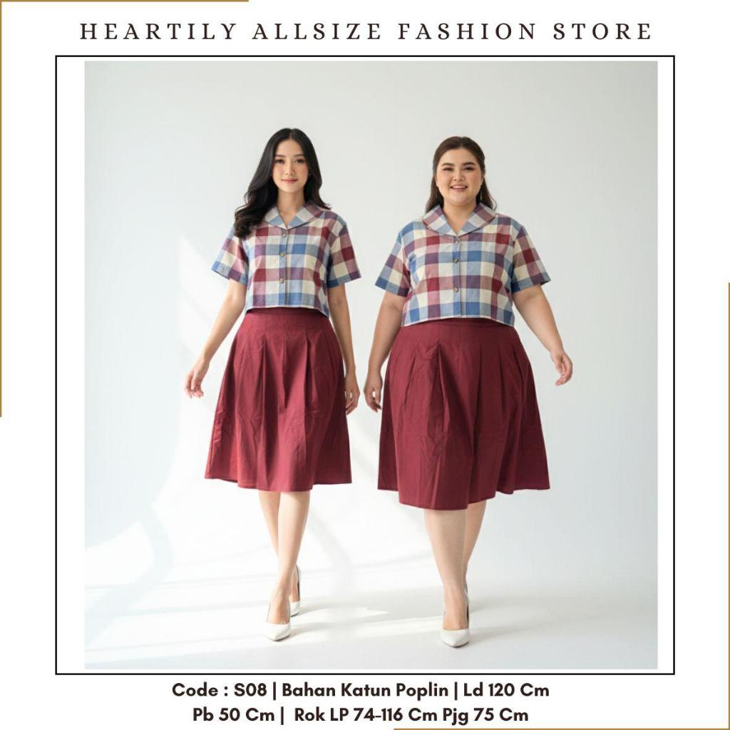 [ HEARTILY FASHION ] S08 Set Wanita Allsize Kotak Kotak LD 120 - Rok LP 74-116 cm Karet Pinggang Kat
