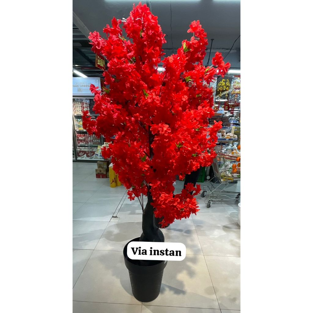 Pohon rejeki imlek pohon sakura merah tanaman plastik hiasan imlek tinggi 170-190cm