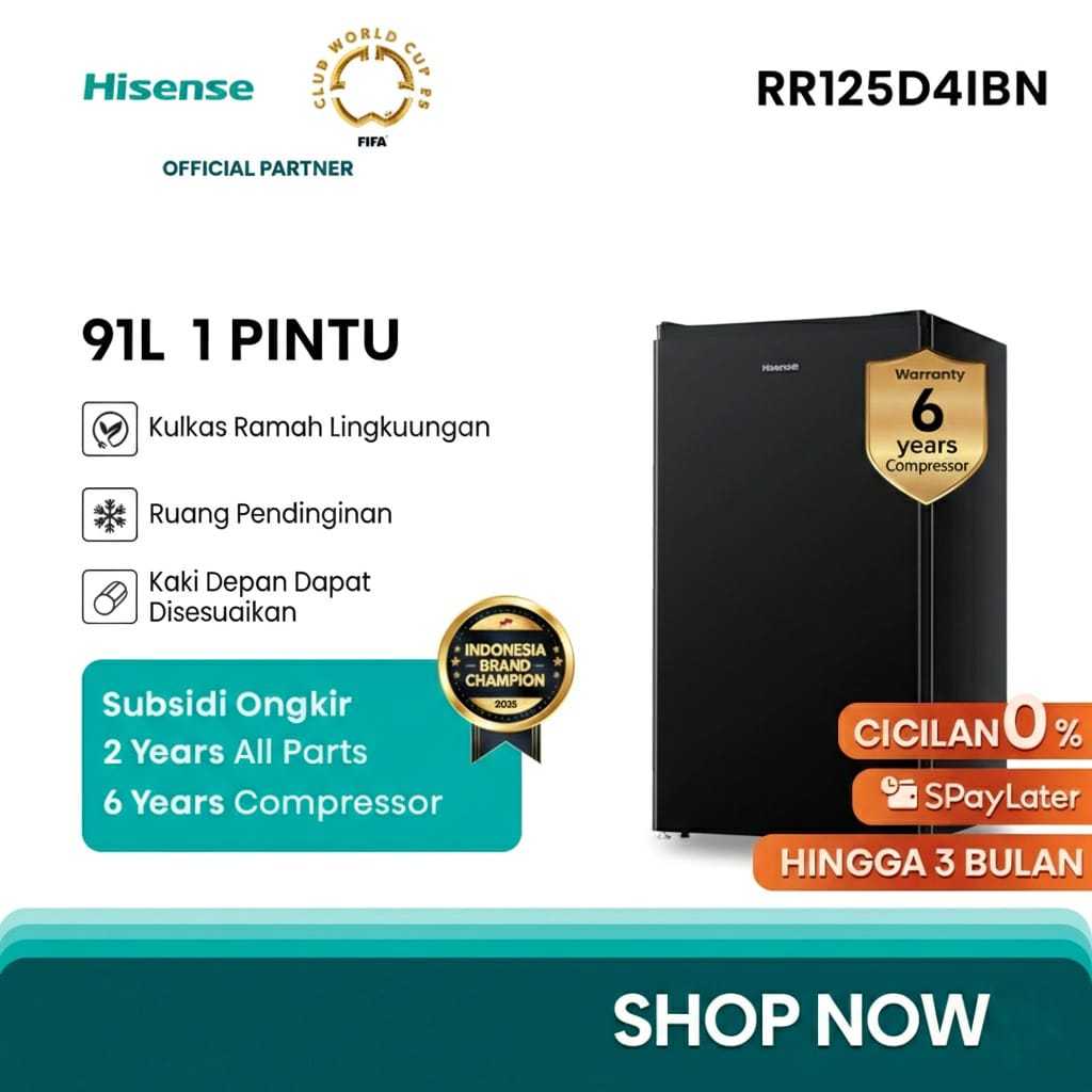 Hisense Kulkas Mini Portabel 1 Pintu 100 Liter Untuk Kamar Kos Kantor RR125D4IBN Garansi Resmi