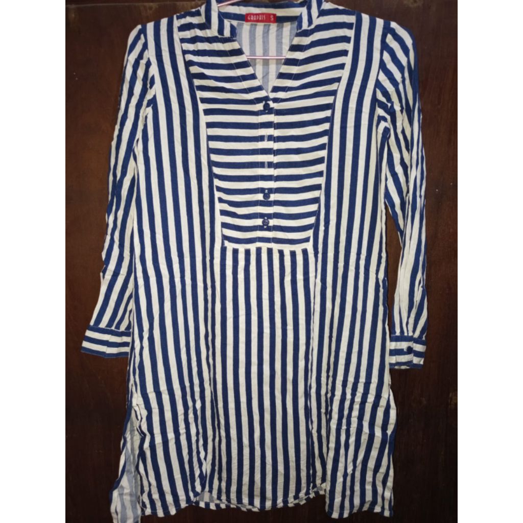Pre-loved tunik/kemeja rayon wanita strip navy & putih(pemakaian pribadi)