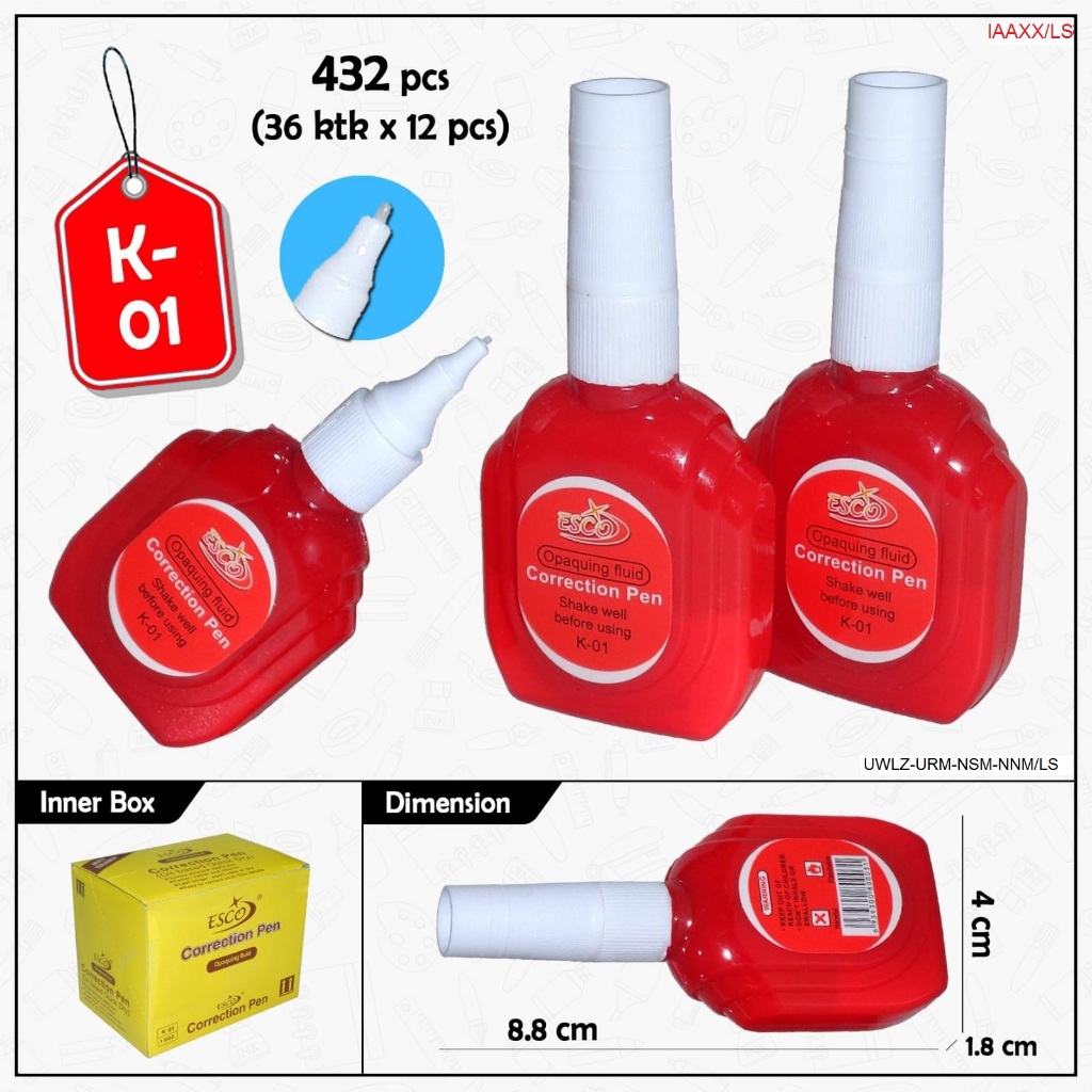 Esco Correction Tape Botol Merah/Correction Tape Fluid/Tip-Ex Cair Botol/Per Pcs