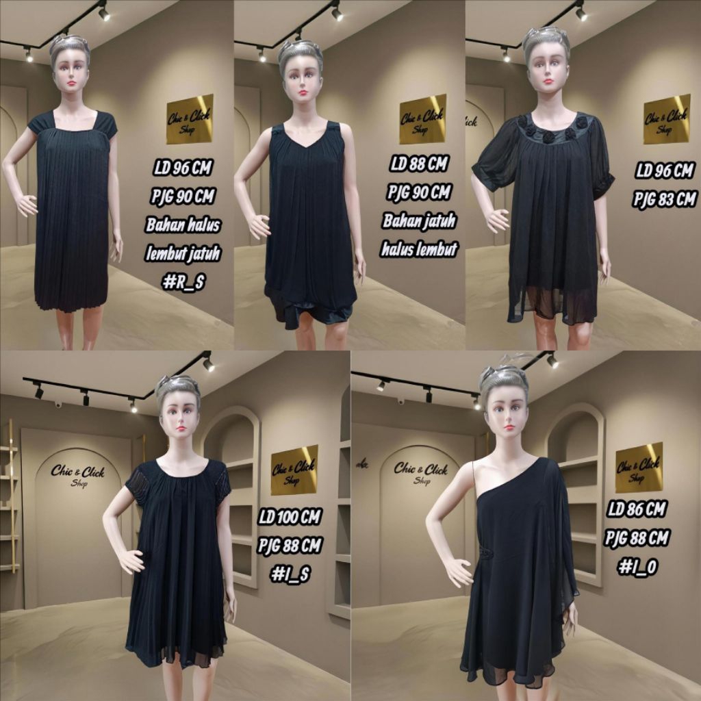 dress hitam polos / dress hitam pesta lengan pendek & one shoulder / dress plisket hitam kondangan s