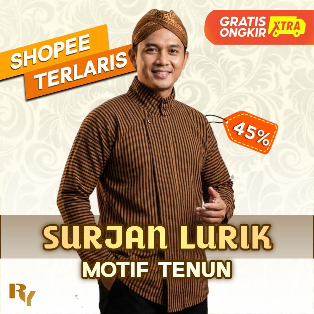 Baju Adat Lurik Pria | Baju Adat Jawa | Surjan Lurik Pria Motif Tenun Coklat Hitam | Lengan Panjang 