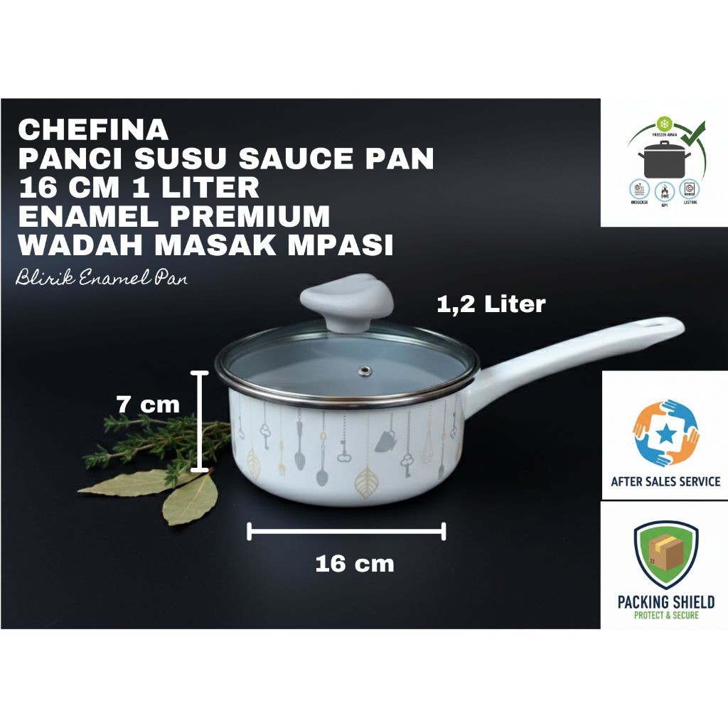 Chefina - Panci Susu Sauce Pan 16cm 1 Liter - Enamel Premium Anti Lengket & Higienis - Wadah Masak M