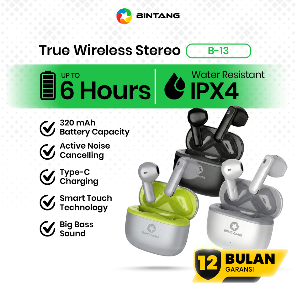 BINTANG TWS Wireless Bluetooth HIFI Big Bass Noise Cancelling IPX4 B13