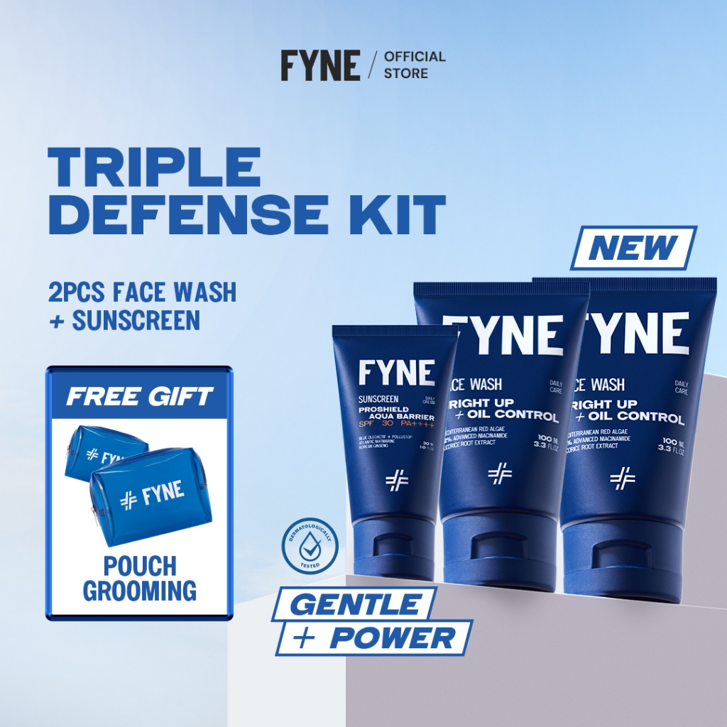 FYNE [SKINCARE PRIA GENTLE PACKAGE] Triple Defense Kit 2 Face Wash Bright Gentle  + 1 Sunscreen - Sa