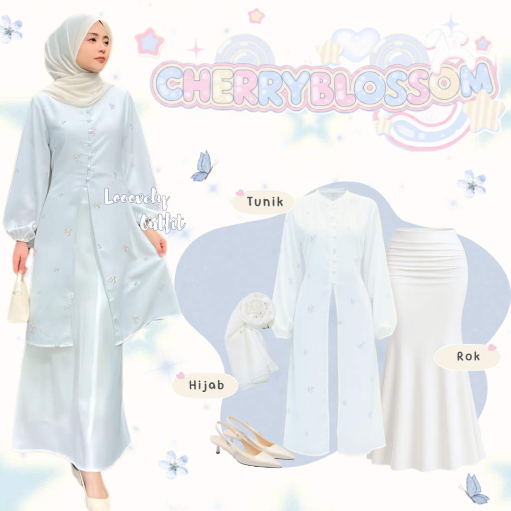 Oneset Lebaran Tunik Wanita | Hijab + Tunik + Rok + Celana | Set Kondangan Kekinian - LO115