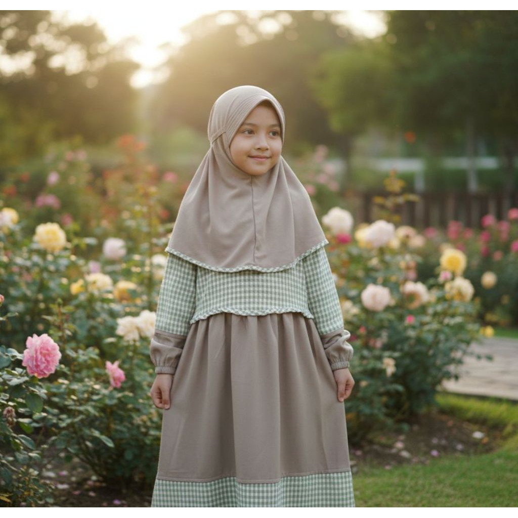 gamis anak satu set dengan kerudung kombinasi polos dan kotak kotak