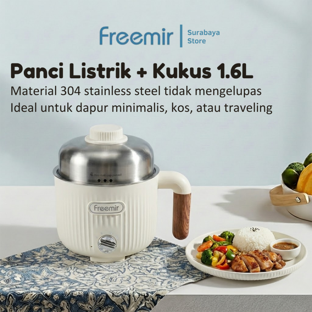 [Surabaya] freemir Panci Listrik Stainless 304 1.6L Hemat Listrik 3 Mode Panas untuk Rumah & Kos