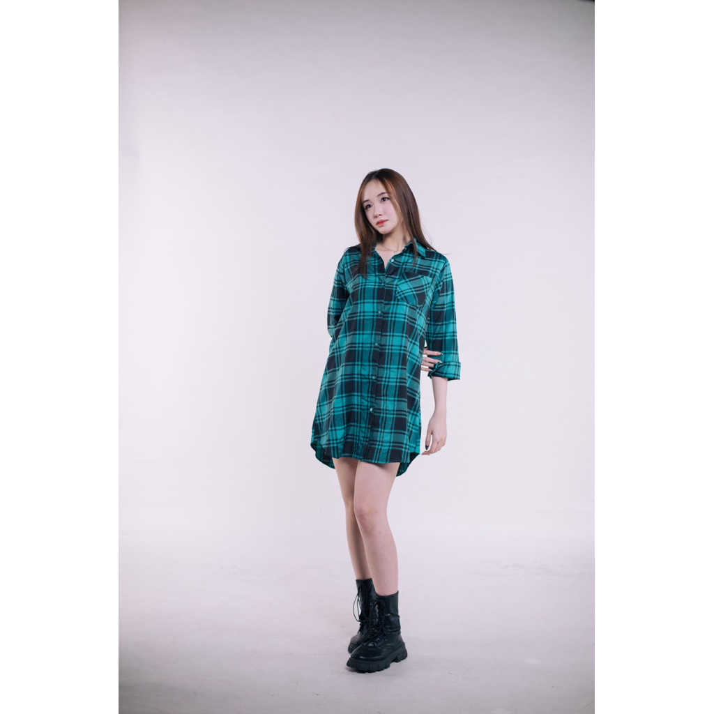 gaun kemeja lengan panjang wanita / kemeja  panjang kotak kotak / tunik kotak lengan panjang