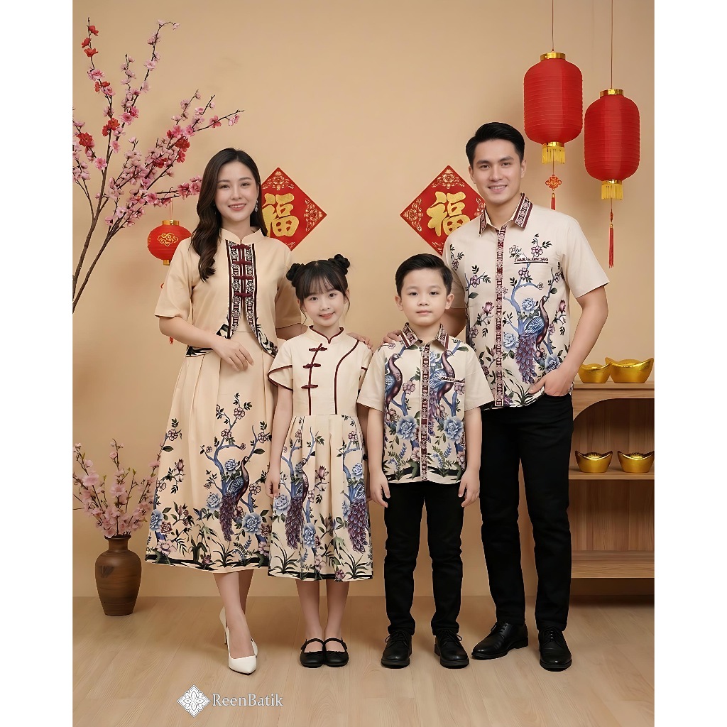 Batik Couple Keluarga Imlek Cheongsam Warna Creme / Seragam Batik / Batik Kantor / Series KN #
