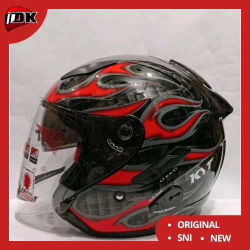 HELM HALF FACE KYT GALAXY FLAT R FLAME BLACK RED DOUBLE VISOR ORIGINAL HITAM MERAH
