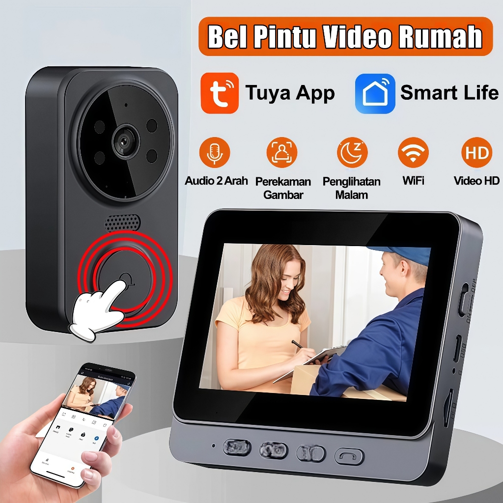 Bel rumah pintu cctv wireless waterproof Tanpa WiFi Layar 4.3 Inch Interkom 2 Arah Night Vision Anti