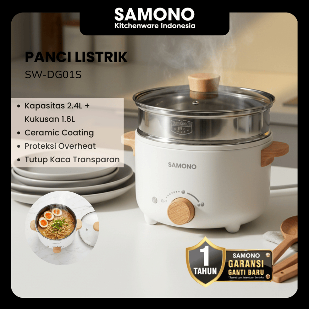 SAMONO Panci Listrik 2.4L Serbaguna Low Watt SW-DG01S Multicooker Kukusan Stainless 1.6L, Ceramic Co