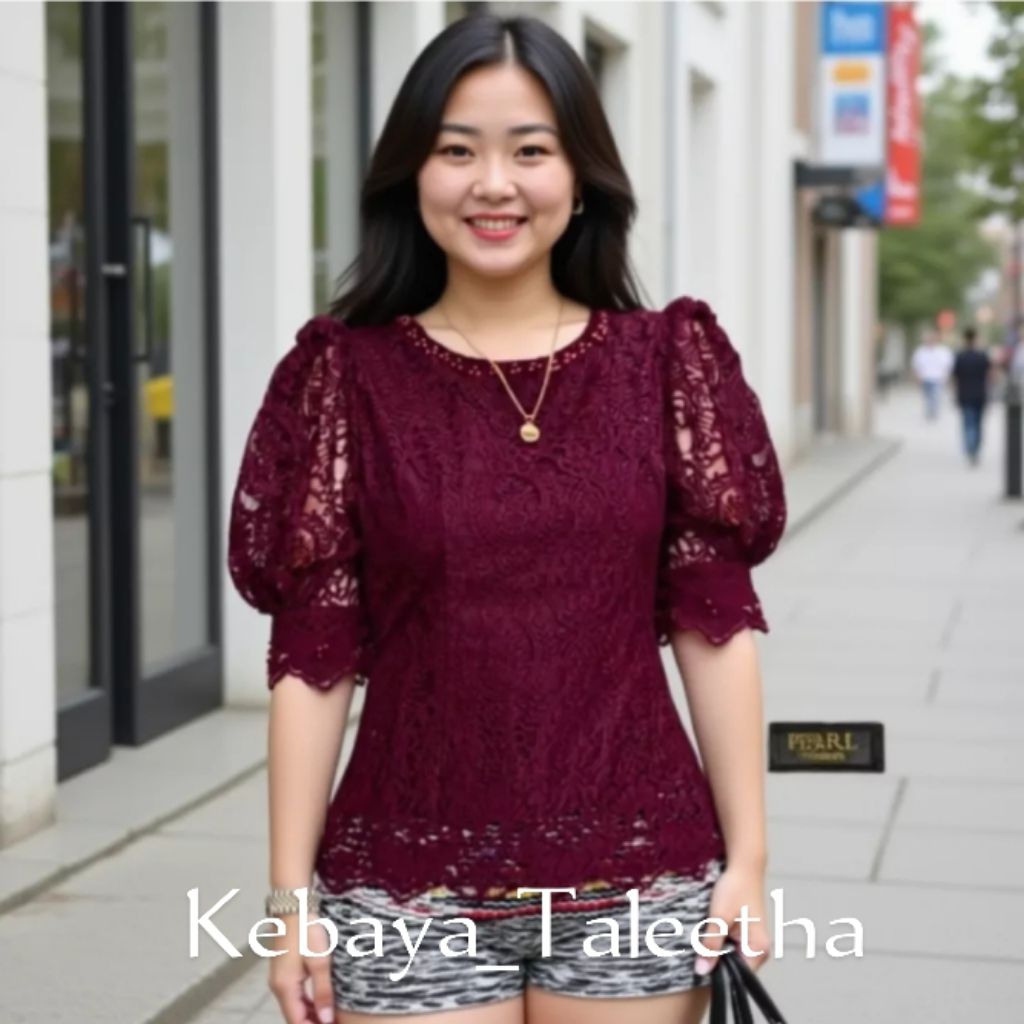 Kebaya_Taleetha Kebaya Atasan Wanita Premium - Model Lengan Balon, Terbuat dari Renda Brokat