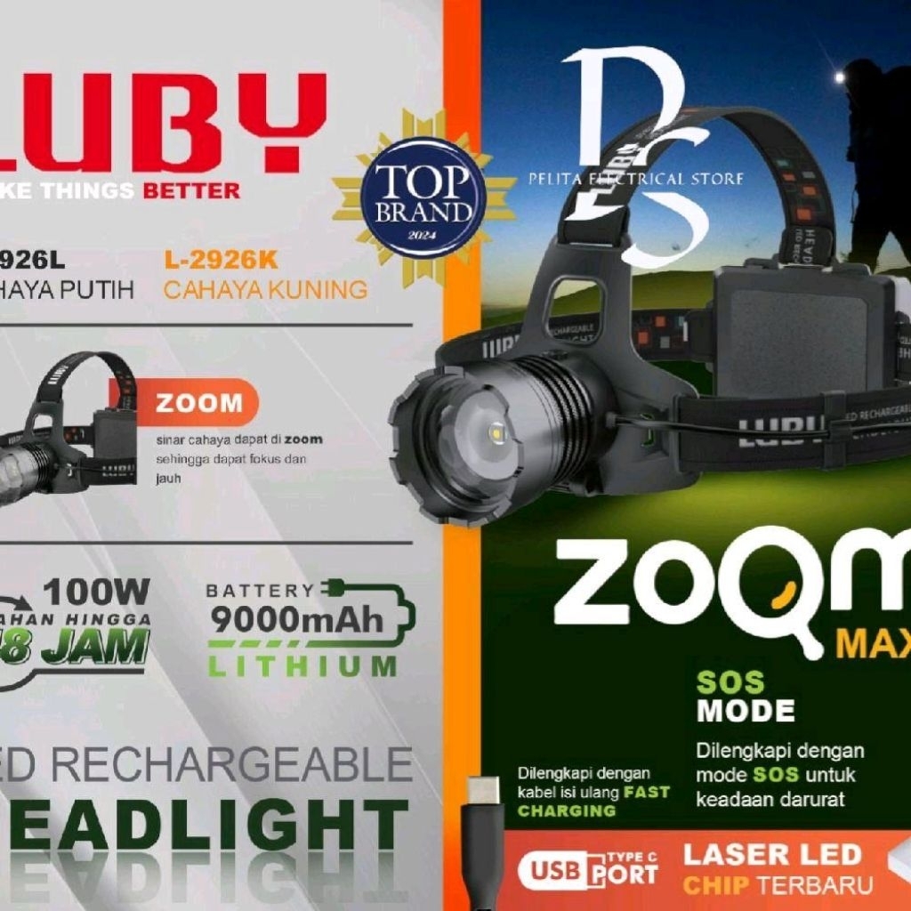 SENTER KEPALA ZOOM LED LUBY 100 WATT L2926 SUPER TERANG