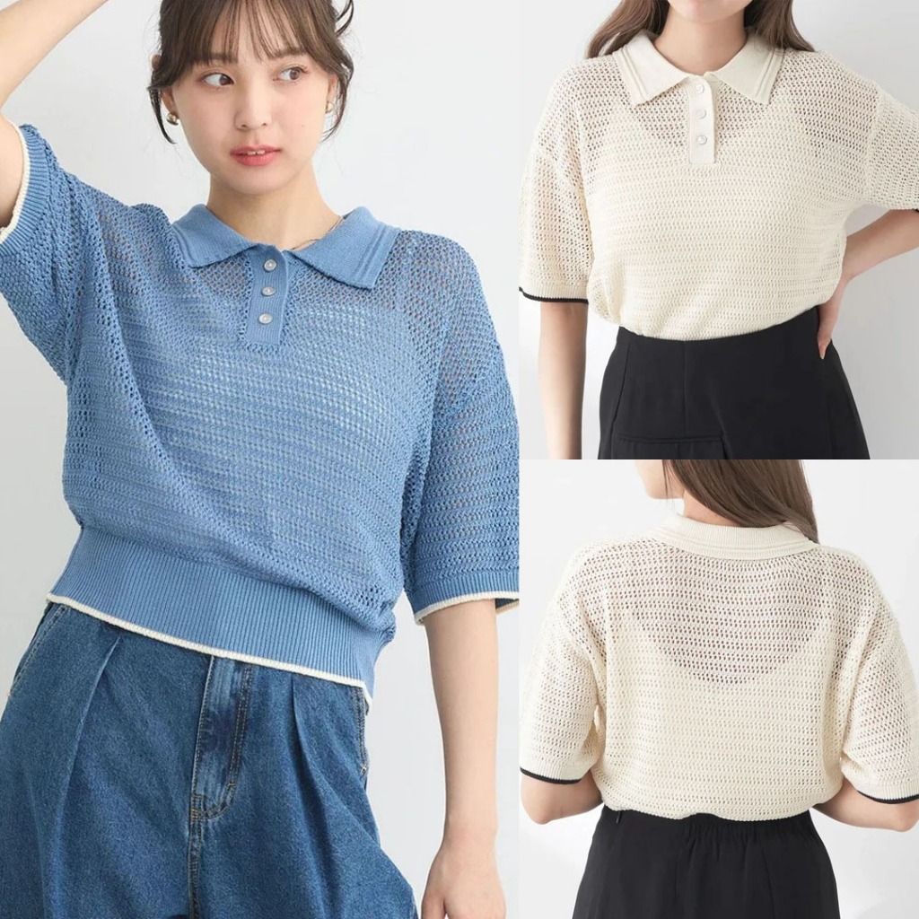 BLUS KAOS POLO CROP RAJUT KNIT MESH HEM RIB BIRU MUDA PUTIH GADING IVORY JAPAN KOREA IMPORT