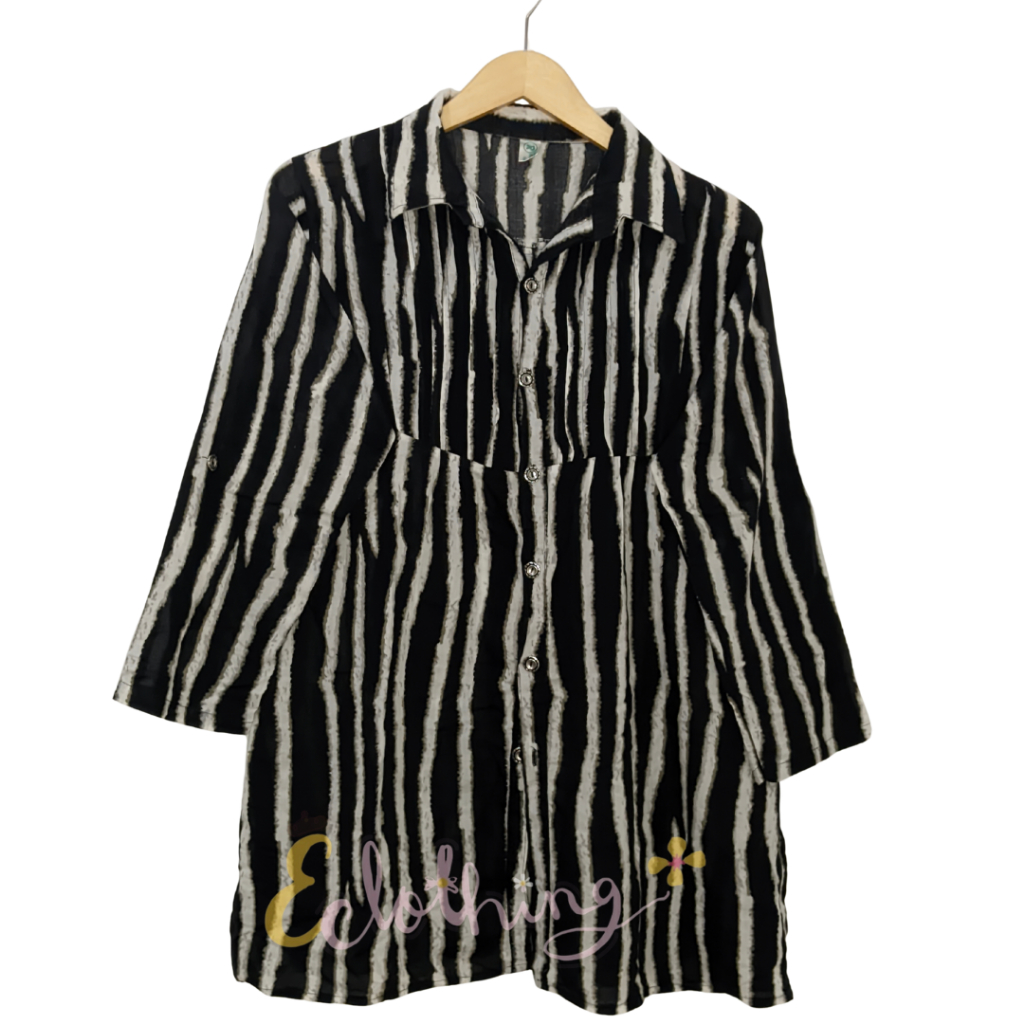 PRELOVED - Tunik Kemeja Garis Vertikal Hitam Putih Bluse Panjang Motif Salur