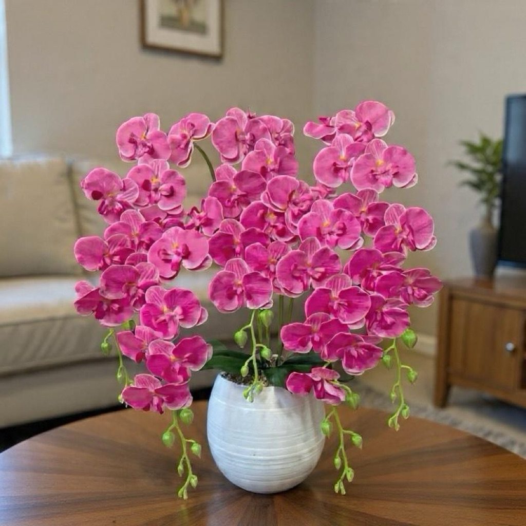 Anggrek Latex Jumbo 5 Cabang Pot Bola Putih Plastik Dekorasi Rumah Minimalis Modern