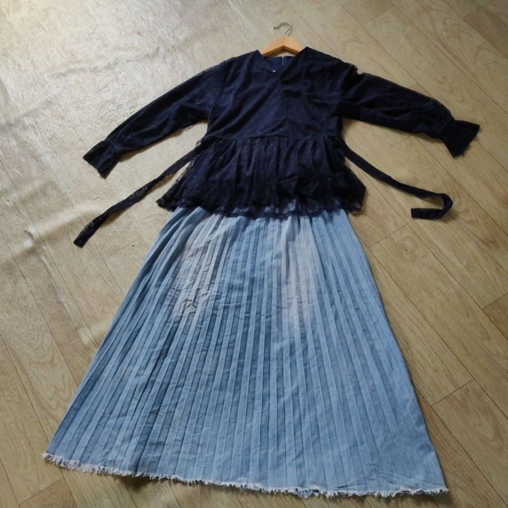 set rok jeans plisket dan atasan kondangan tile polka