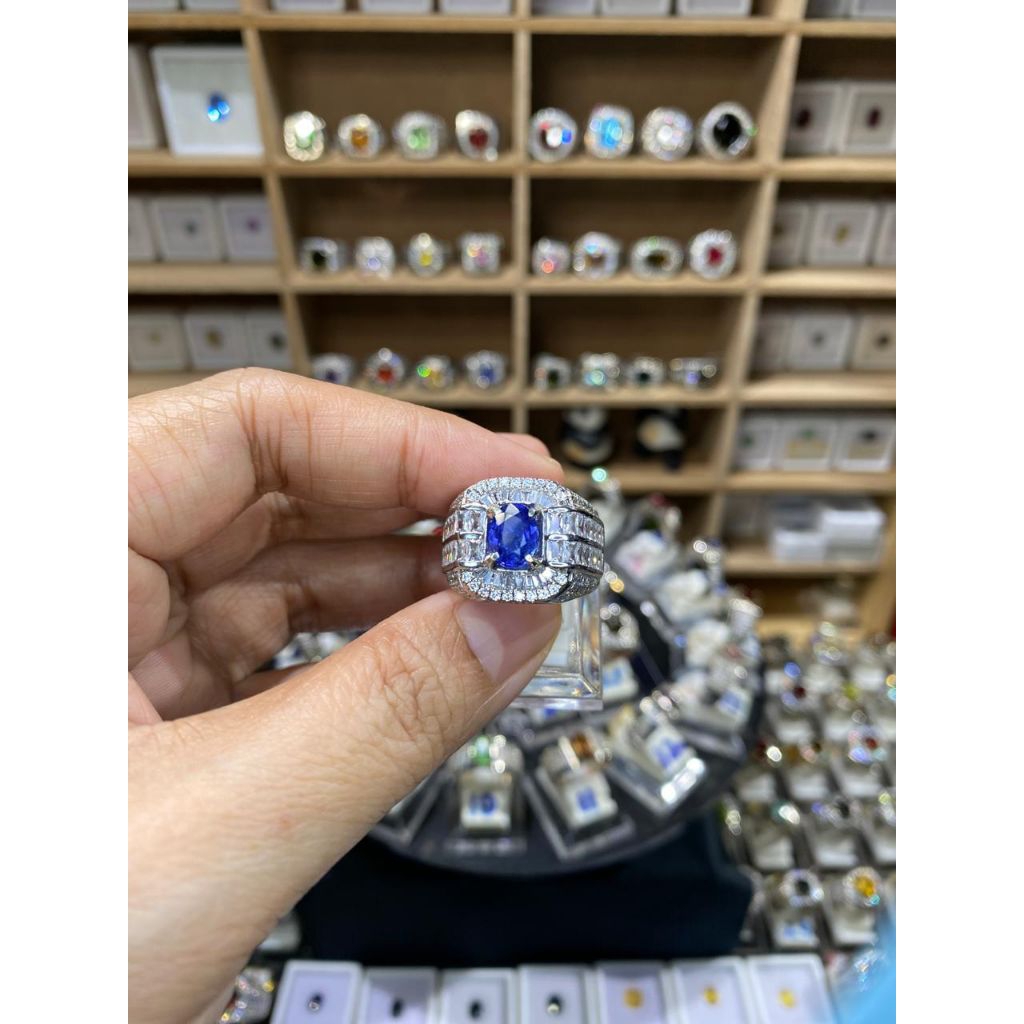 batu permata natural blue sapphire sapir cincin perak pria