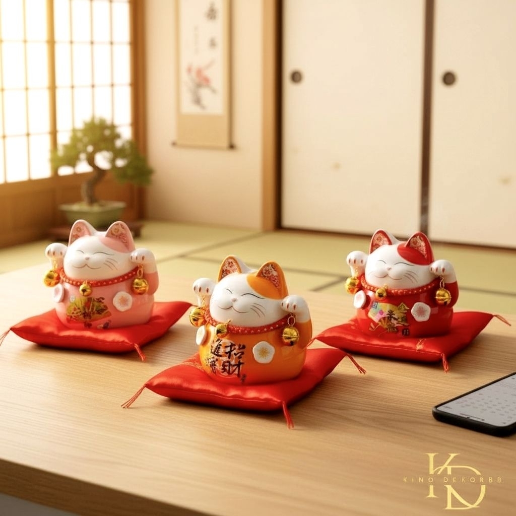 KD88 NEKO | Patung Maneki Neko Keramik | Patung Kucing Rezeki Bantal Merah | Hiasan Kucing Dekorasi