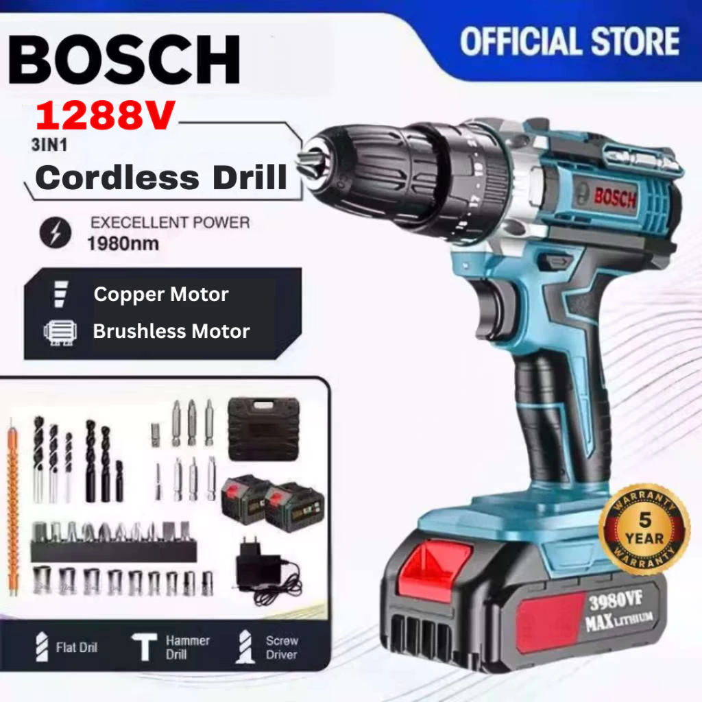 (COD) BOSCH Cordless Hand Drill / Bor Tembok Baterai (2 Set Baterai) - Bor Listrik Set Lengkap