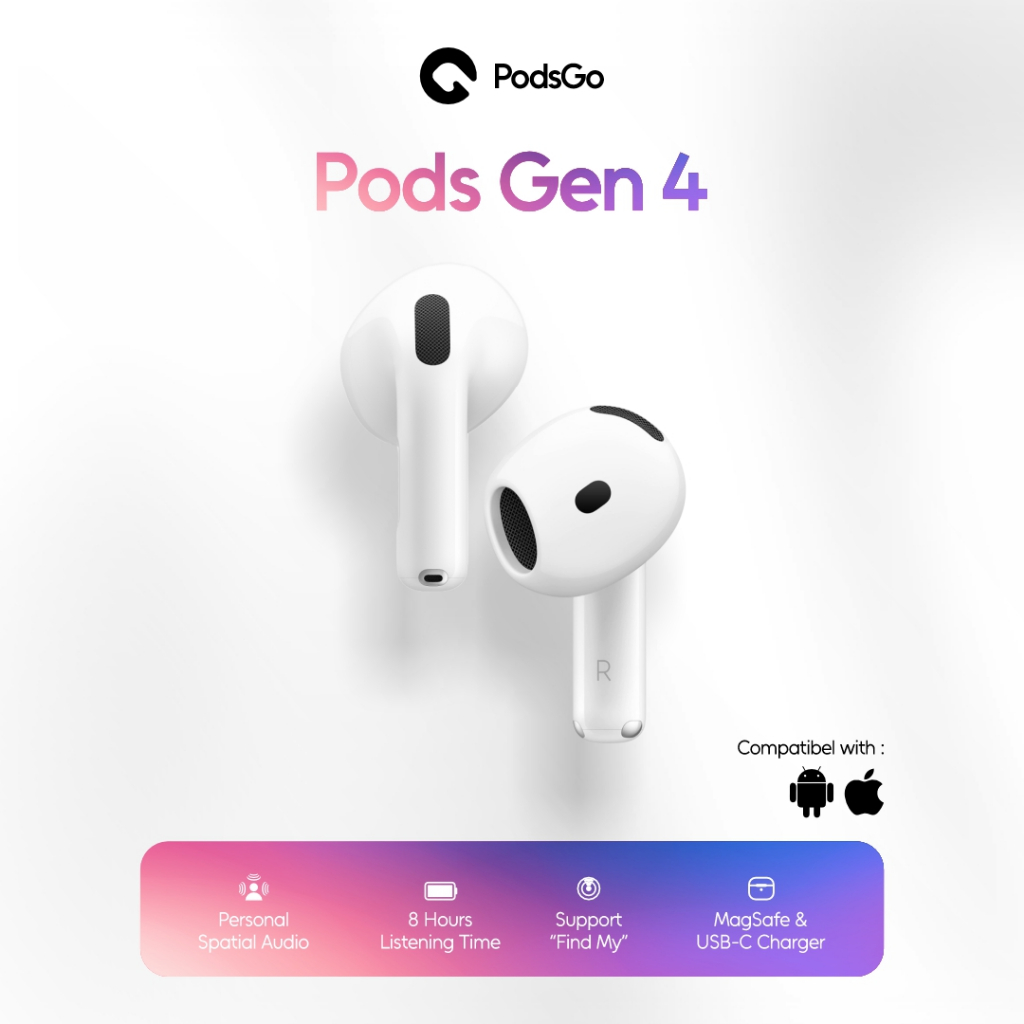 PodsGo Gen 4 TWS Bluetooth Earbuds H2 Chip Wireless Charging Earphone IMEI Terdaftar 9D Hifi Stereo 